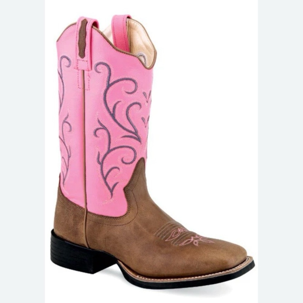West Girls Pink Brown Western Cowboy Boots Leather Embroidered Size 3